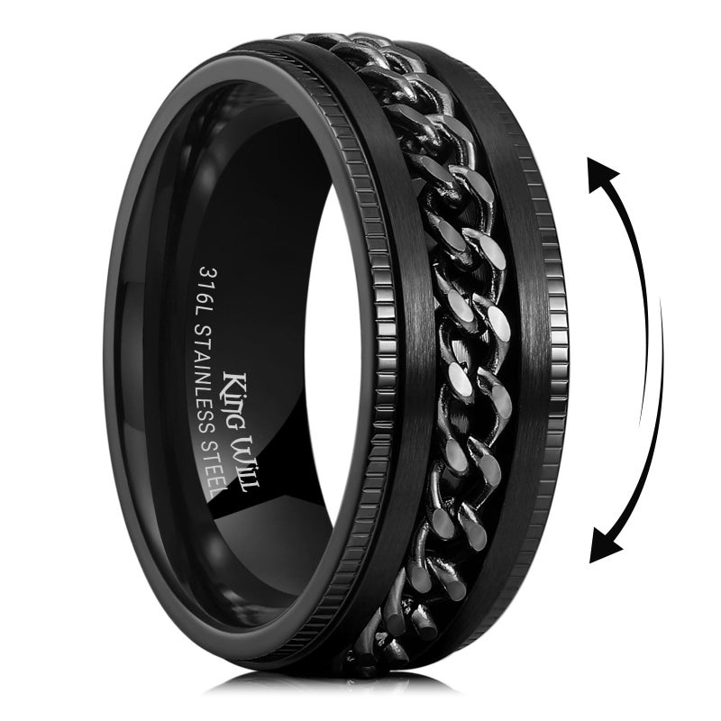 King Will 316L Stainless Steel Fidget Ring for Men Women-8mm Width Black Chain Spinner Ring, Durable Wedding Band with Stress Relief Comfort Fit Fidget Spinner Men's Jewelry Size 10 - Image 1